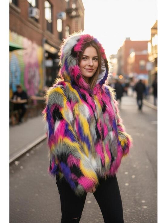 Fashion Nova Jackets & Blazers - Rockstar Original Women Faux Fur Multicolor Hooded Crop Jacket NWT Size M